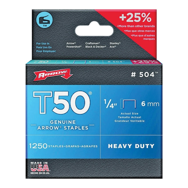 Arrow T50 Series 50424 Flat Crown Staple, 3/8 in W Crown, 1/4 in L Leg