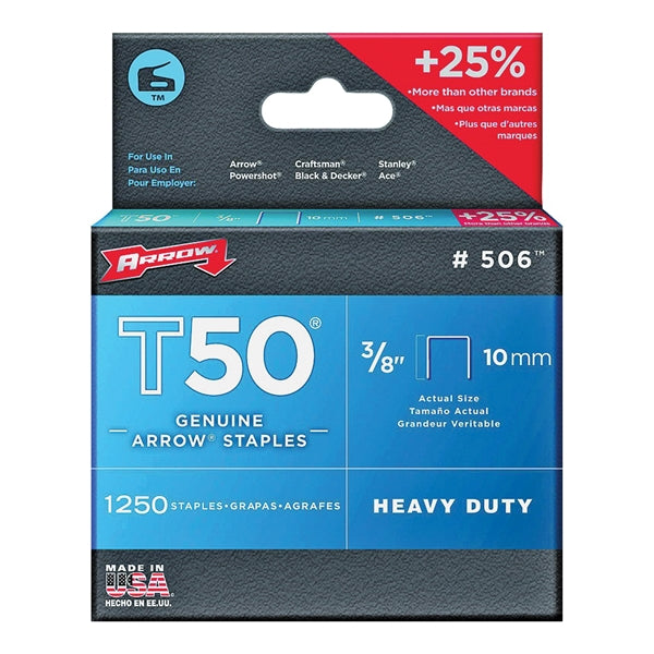 Arrow T50 Series 50624 Flat Crown Staple, 3/8 in W Crown, 3/8 in L Leg