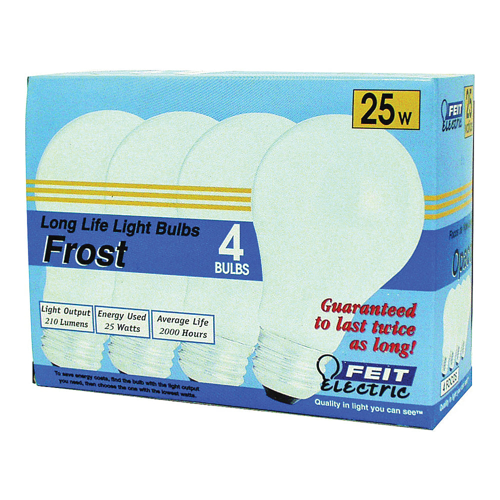 Feit Electric 25A/4-130 Incandescent Bulb, 25 W, A19 Lamp, Medium E26 Lamp Base, 210 Lumens, 2700 K Color Temp