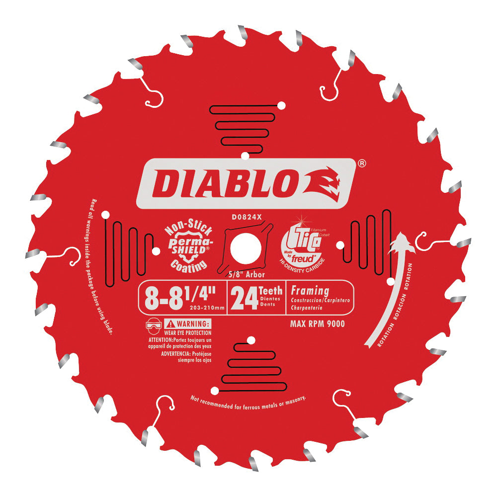 Diablo D0824X Circular Saw Blade, 8 to 8-1/4 in Dia, 5/8 in Arbor, 24-Teeth, Carbide Cutting Edge