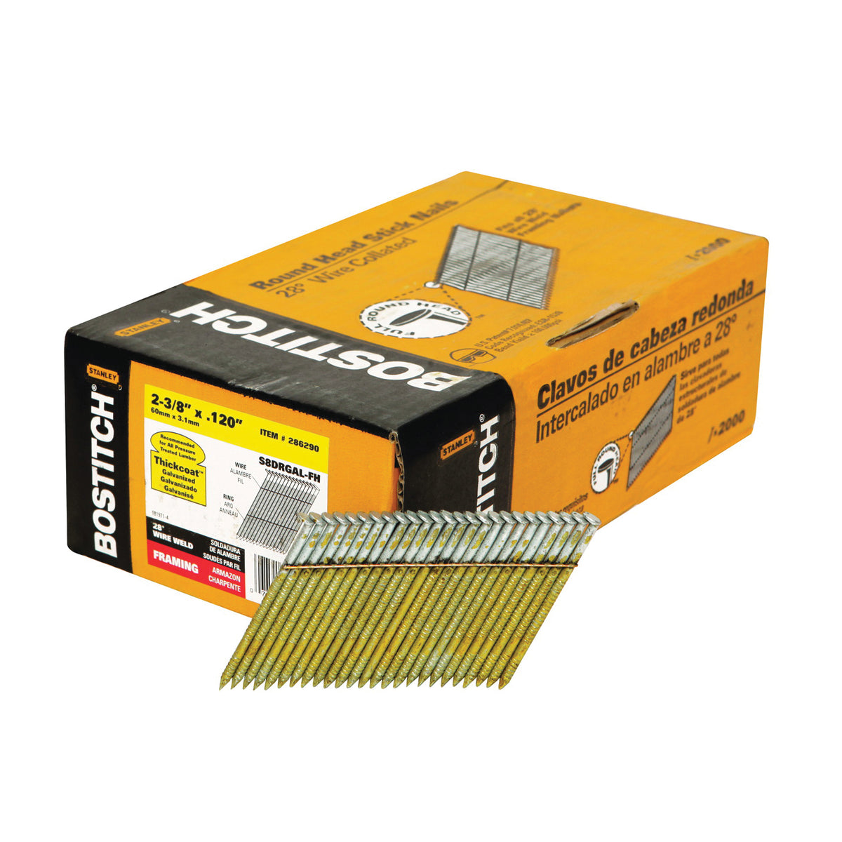 Bostitch S8DRGAL-FH Framing Nail, 2-3/8 in L, Thickcoat, Full Round Head, Ring Shank