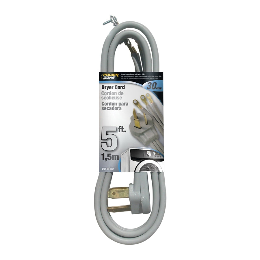 PowerZone Power Supply Dryer Cord, 10 AWG Cable, 5 ft L, 30 A, 250 V, Gray