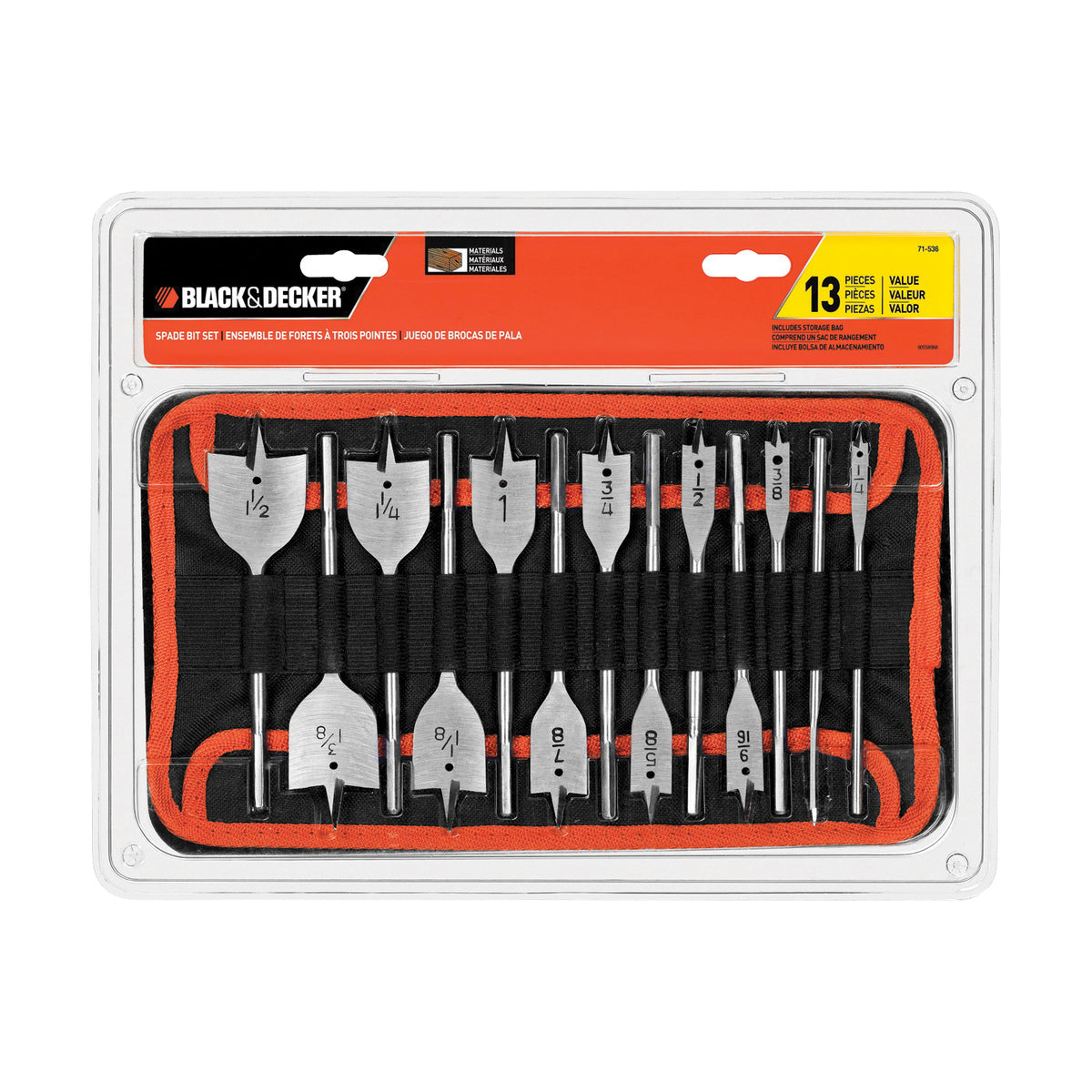 Black+Decker 71-536 Spade Bit Set, General-Purpose, 13-Piece, Steel, Metallic