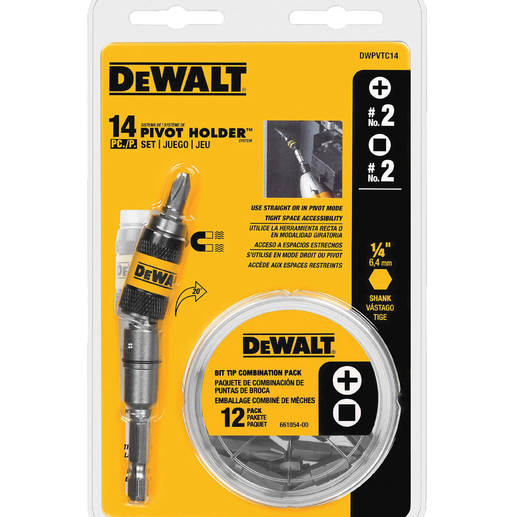 DeWALT DWPVTC14 Pivot Holder Set, #2 Drive, Phillips/Square Drive, 1/4 in Shank, Hex Shank, Stainless Steel