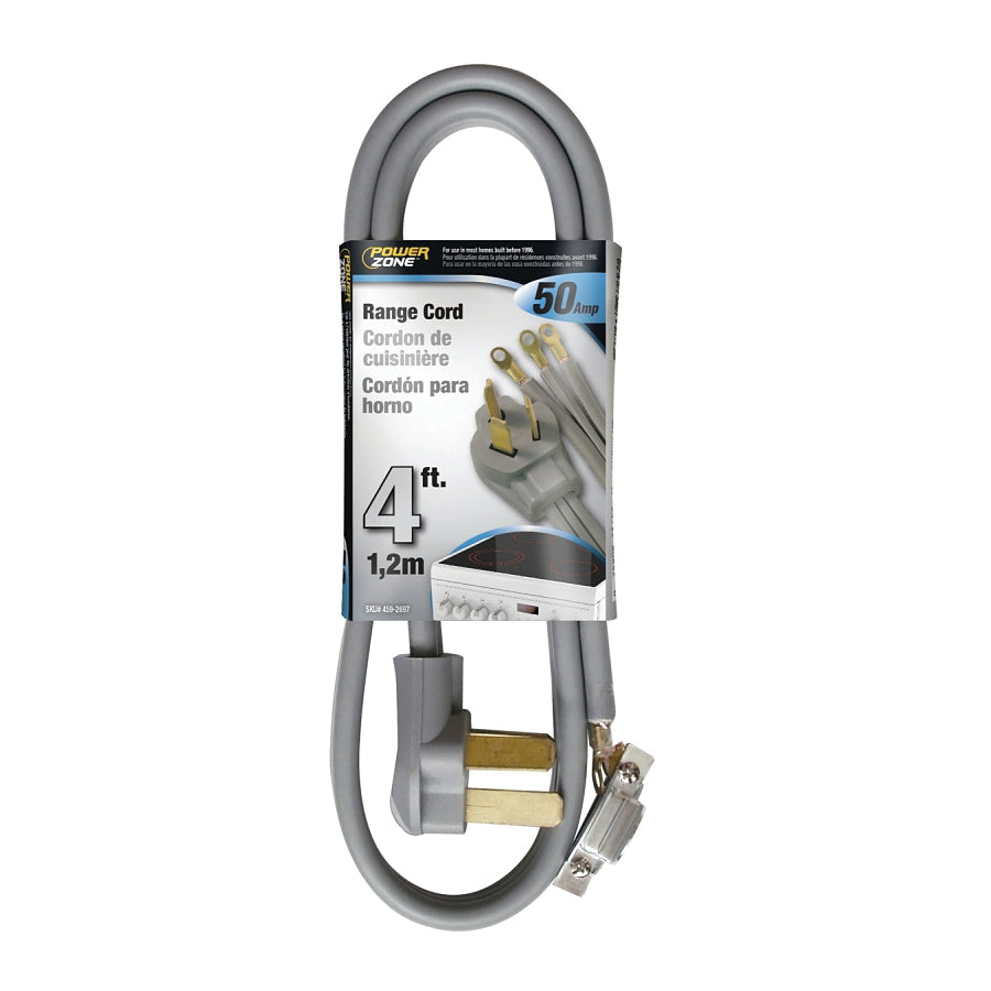PowerZone Power Supply Range Cord, 6 8 AWG Cable, 4 ft L, 50 A, 250 V, Gray