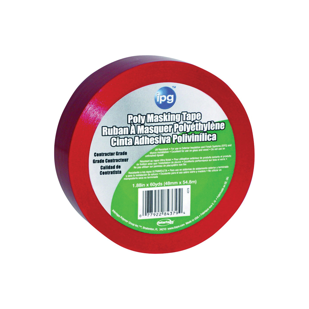 IPG 4379PL Masking Tape, 60 yd L, 2 in W, Polyethylene Backing, Red