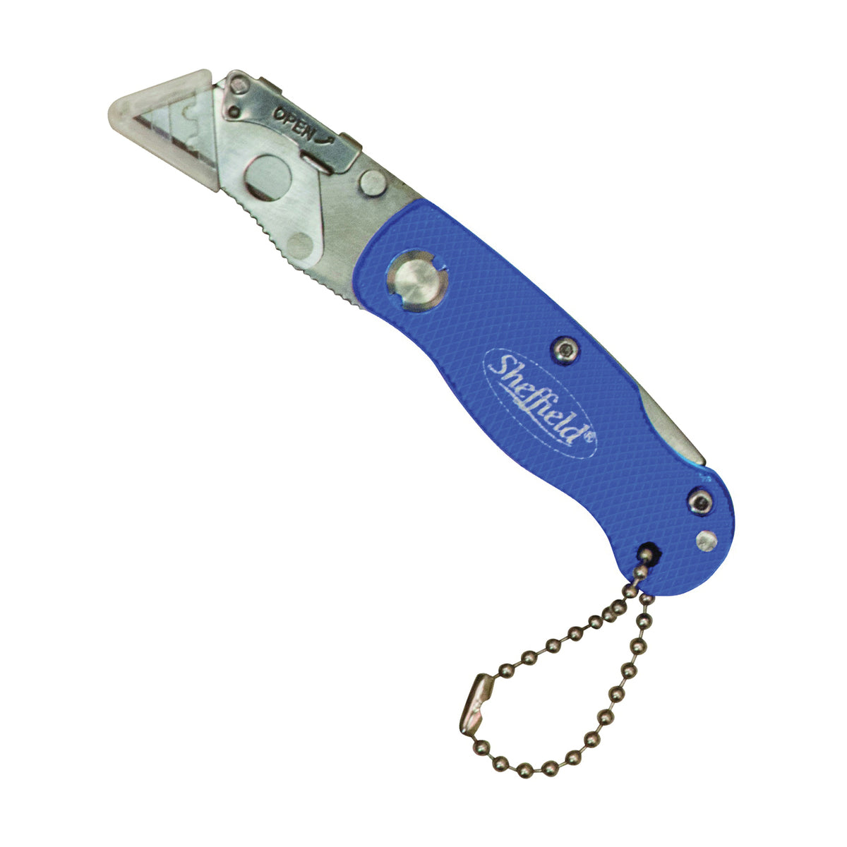 Sheffield 12116 Utility Knife, 1-1/2 in L Blade, Stainless Steel Blade, Curved Handle, Blue Handle