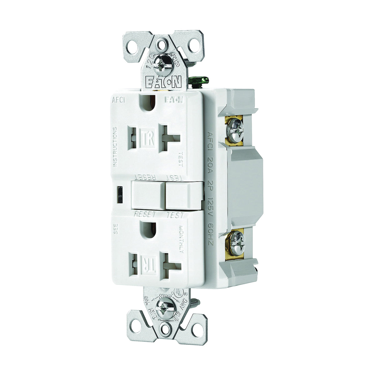 Eaton Wiring Devices TRAFCI20W AFCI Receptacle, 2 -Pole, 20 A, 125 V, Back, Side Wiring, NEMA: 5-20R, White