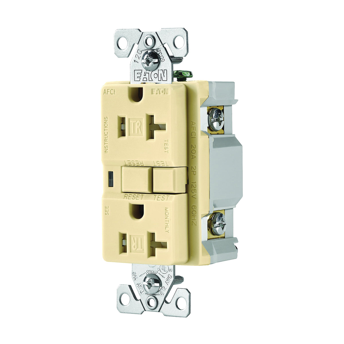 Eaton Wiring Devices TRAFCI20V AFCI Receptacle, 2 -Pole, 20 A, 125 V, Back, Side Wiring, NEMA: 5-20R, Ivory