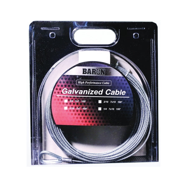 BARON 57005/50075 Aircraft Cable, 3/16 in Dia, 100 ft L, 740 lb Working Load, Galvanized Steel