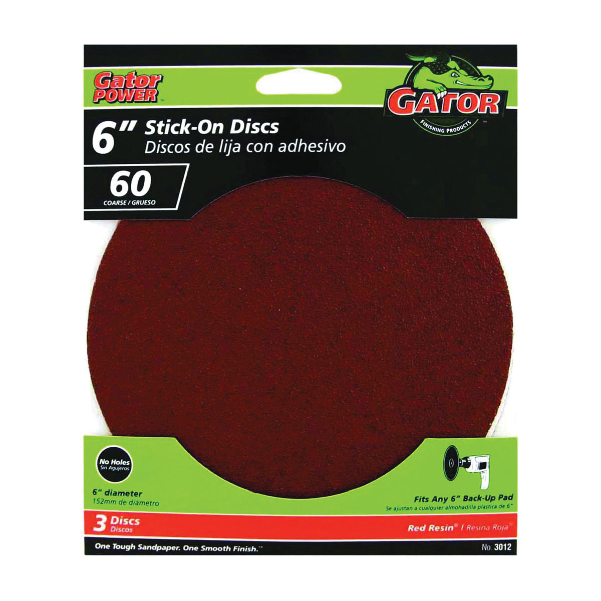 Gator 3012 Sanding Disc, 6 in Dia, 60 Grit, Coarse, Aluminum Oxide Abrasive, Pressure-Sensitive Adhesive Backing