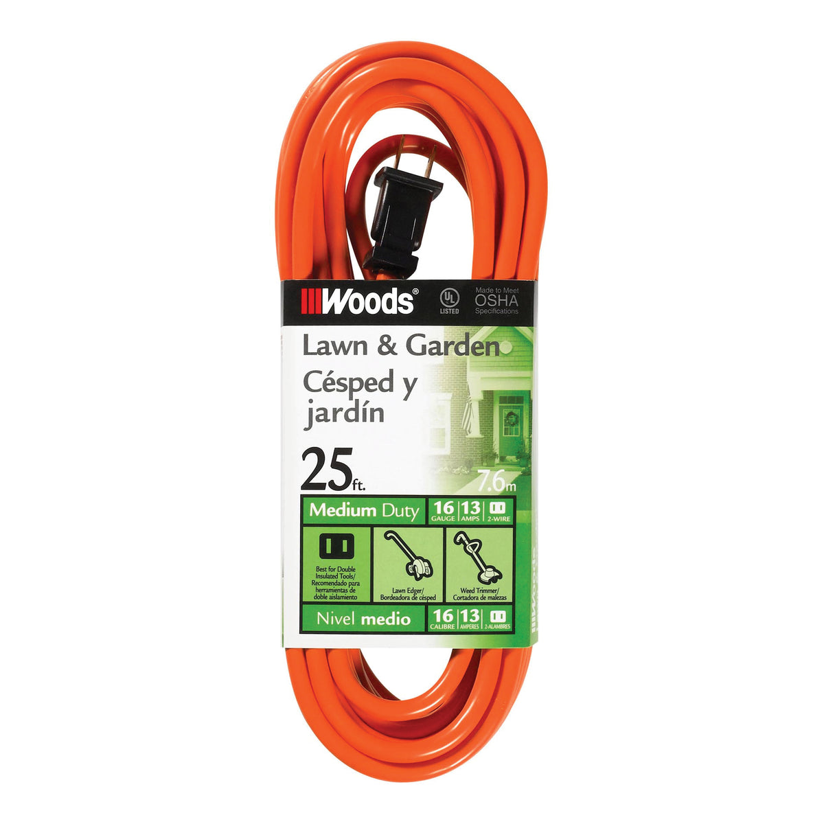 Woods 0722 Extension Cord, 16 AWG Cable, 25 ft L, 13 A, 125 V, Orange