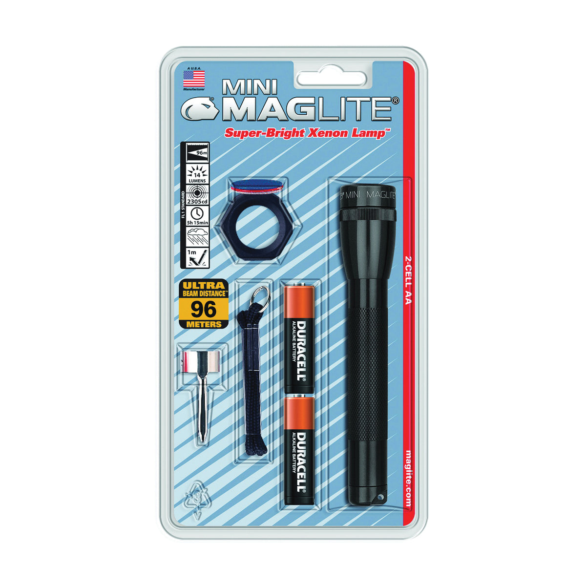 MAGLITE M2A01C Flashlight, AA Battery, Alkaline Battery, Incandescent Lamp, 14 Lumens, Flood to Spot Beam, 6 hr Run Time