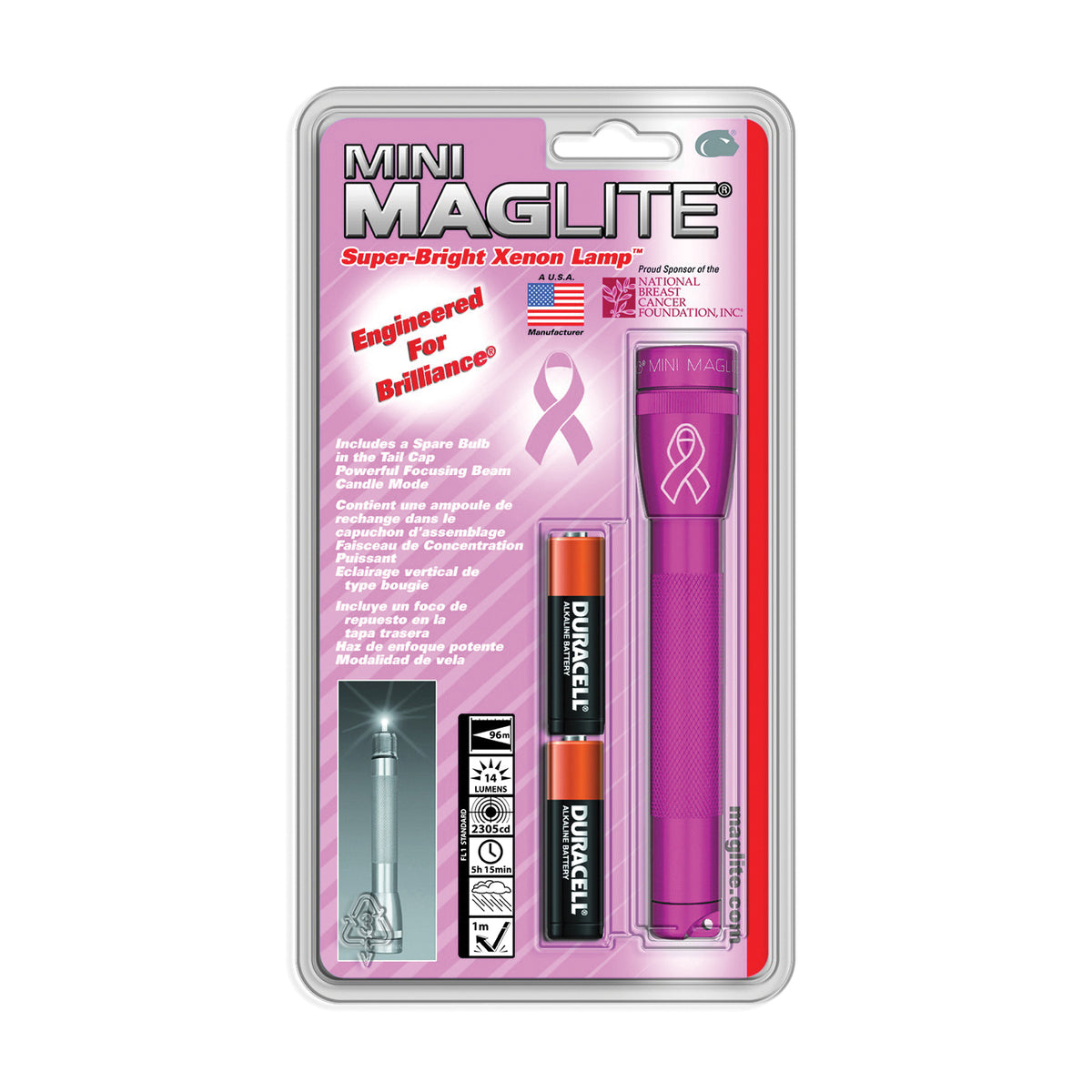 MAGLITE M2AMW6 Flashlight, AA Battery, Alkaline Battery, Incandescent Lamp, 14 Lumens, Flood to Spot Beam, Pink