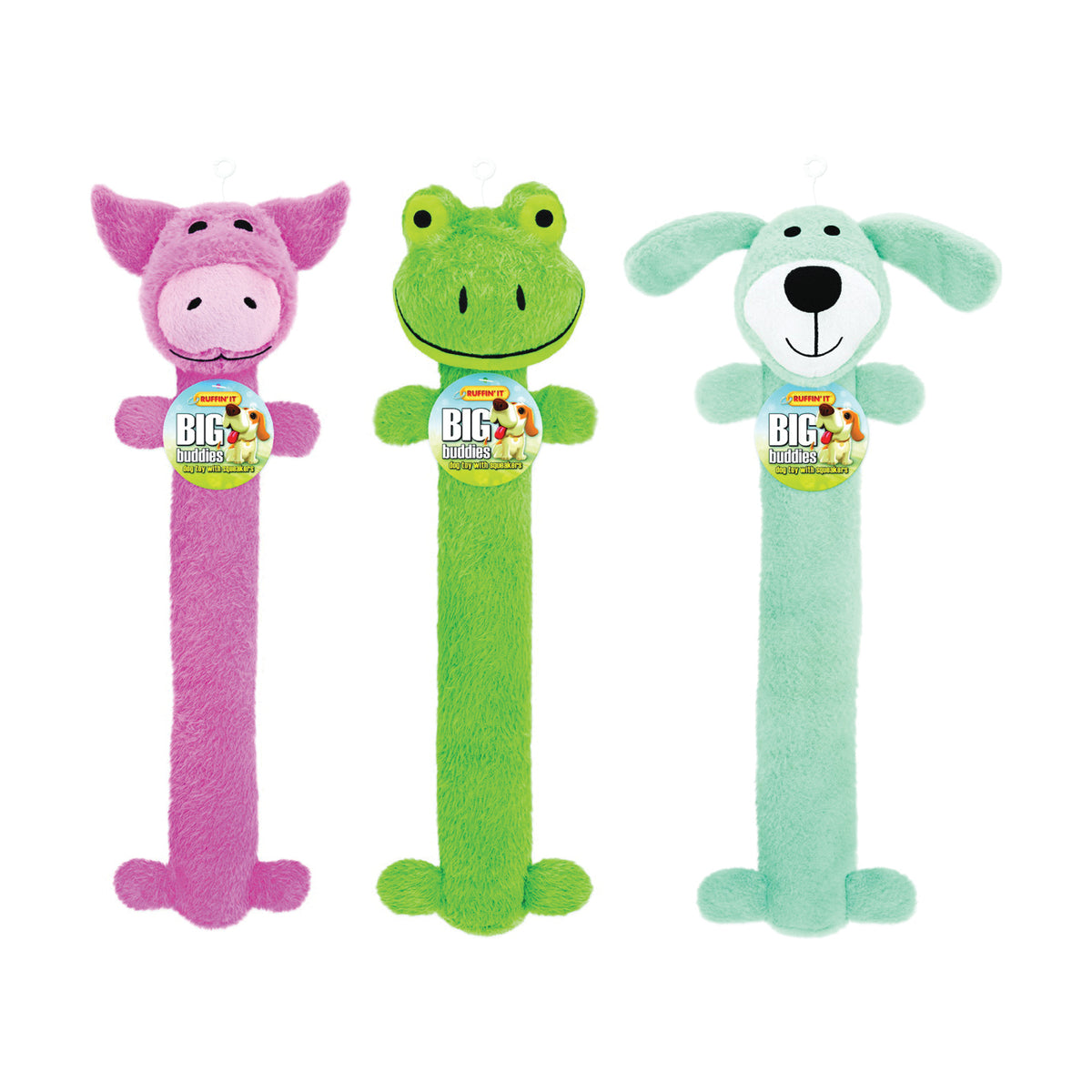 RUFFIN'IT 16294 Dog Toy, Dog, Frog, Pig, Blue/Green/Pink