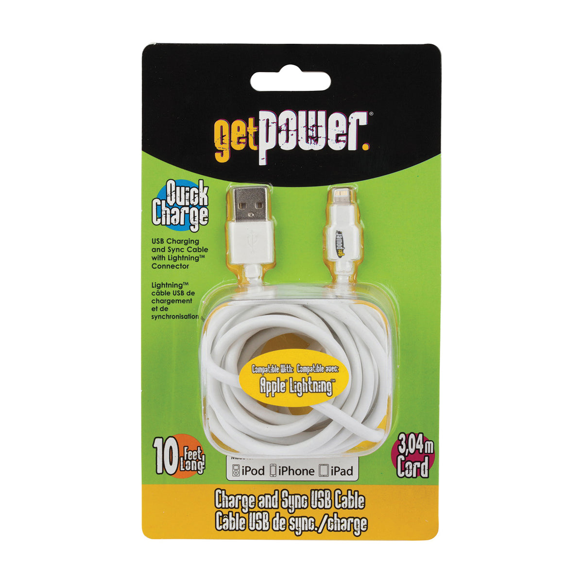 GetPower GP-XL-USB-L USB Charging and Sync Cable, White, 10 ft L