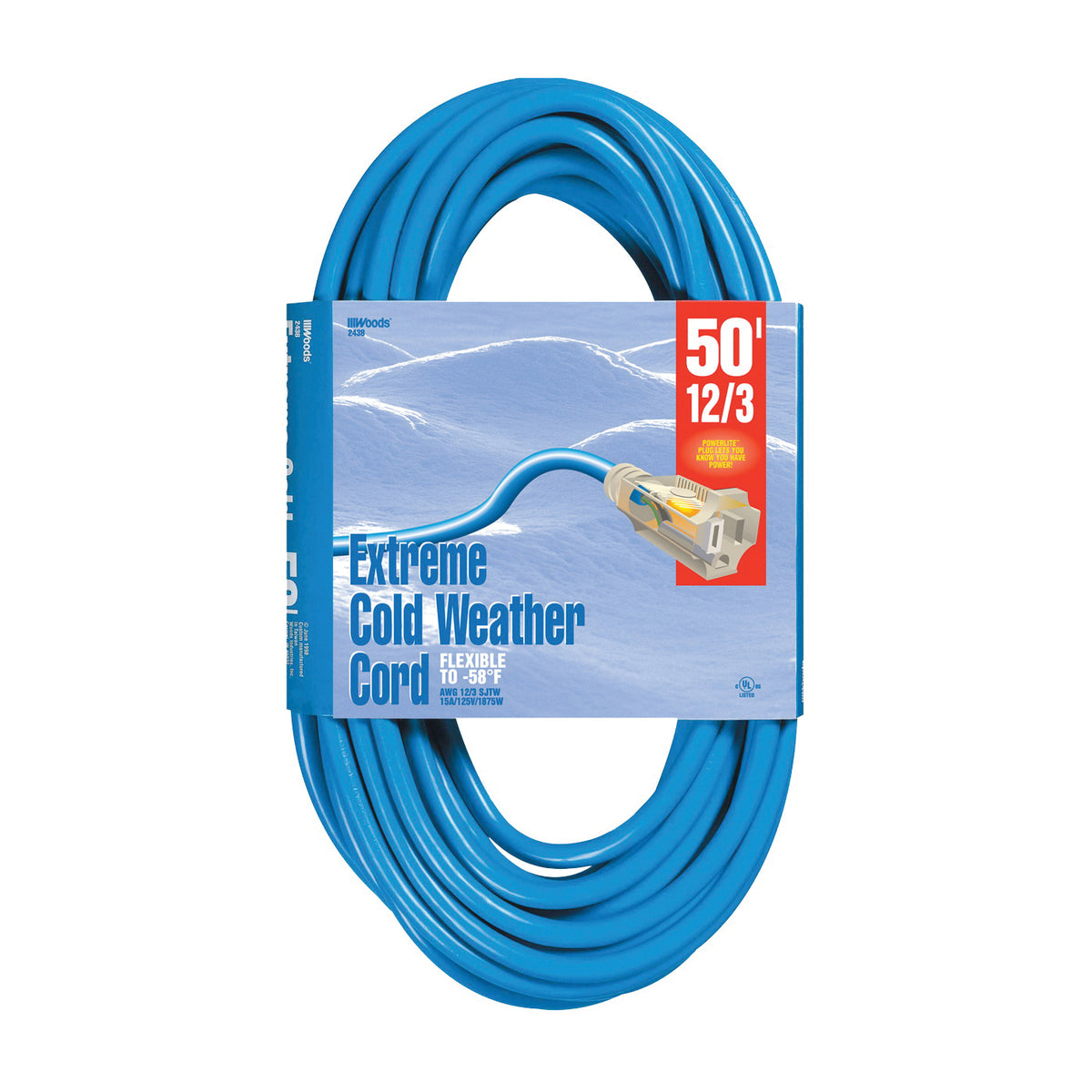 Woods 2438 Extension Cord, 12 AWG Cable, 50 ft L, 13 A, 125 V, Bright Blue