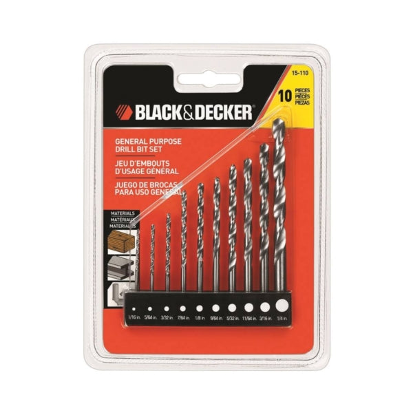Black+Decker 15-110 Drill Bit Set, General-Purpose, 10-Piece, Steel