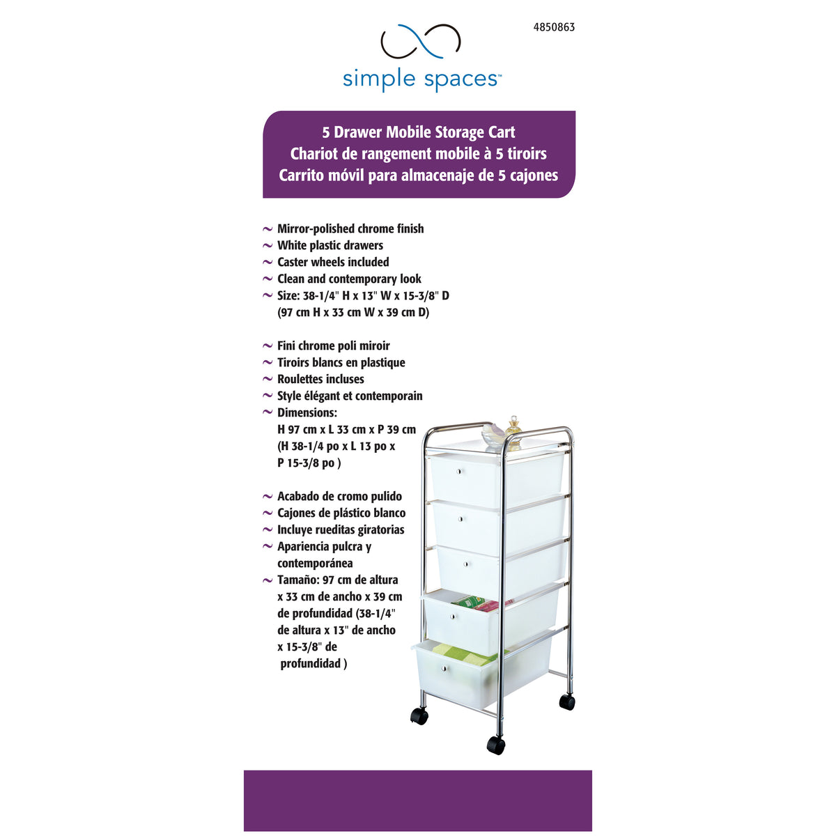 Simple Spaces G005-CH Storage Cart, 13 in OAW, 38-1/4 in OAH, 15-3/8 in OAL, 5-Shelf, White Shelf