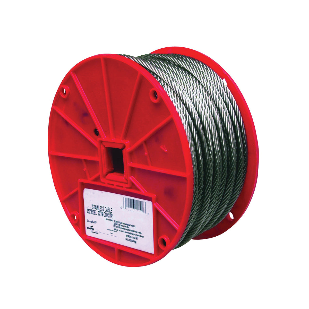 Campbell 7000626 High-Strength Cable, 3/16 in Dia, 250 ft L, 740 lb Working Load, Stainless Steel