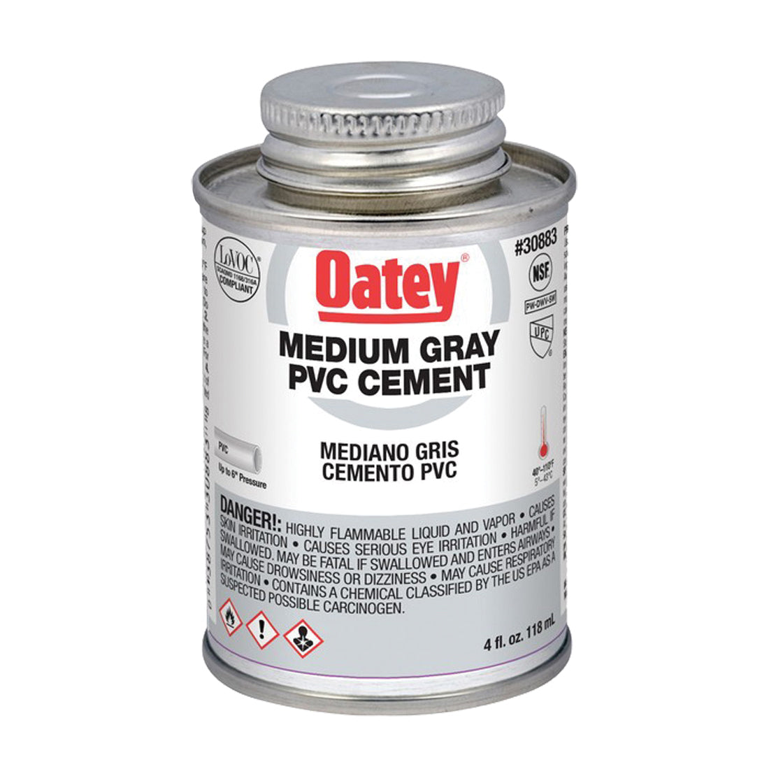 Oatey 30883 Solvent Cement, 4 oz Can, Liquid, Gray