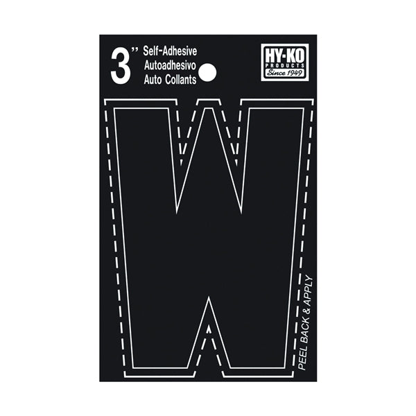 HY-KO 30400 Series 30433 Die-Cut Letter, Character: W, 3 in H Character, Black Character, Vinyl