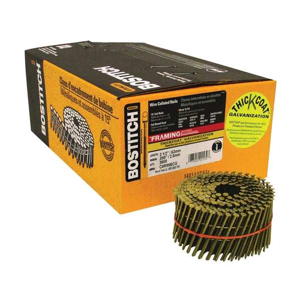 Bostitch C8R99BCG Framing Nail, 2-1/2 in L, Steel, Thickcoat, Ring Shank