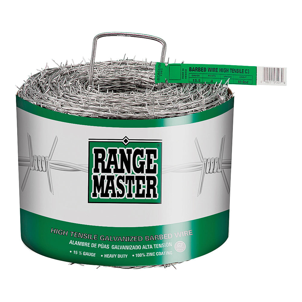 Rangemaster Class 3 7203 Barbed Wire, 1320 ft L, 15-1/2 Gauge, 5 in Points Spacing, Zinc