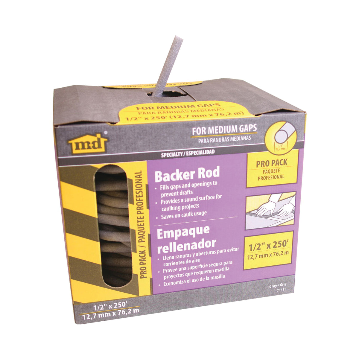 M-D 71551 Backer Rod, 1/2 in Dia, 250 ft L, Polyethylene, Gray