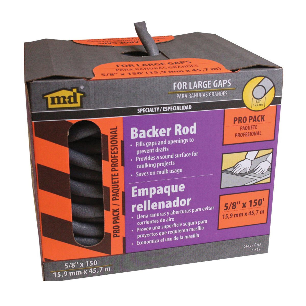 M-D 71552 Backer Rod, 5/8 in Dia, 150 ft L, Polyethylene, Gray