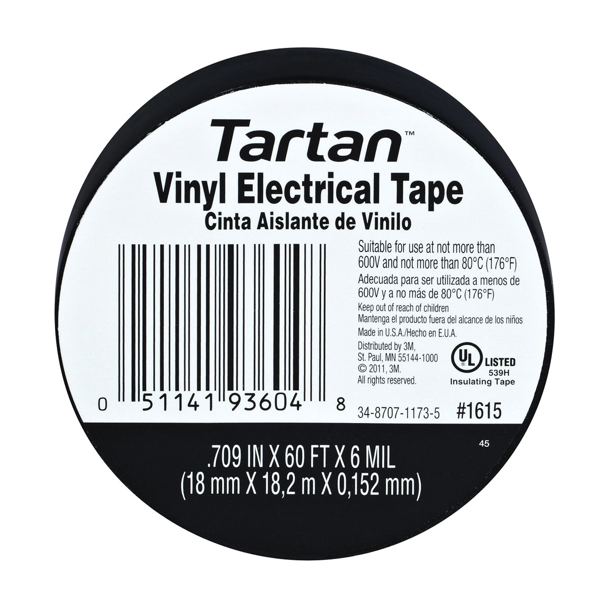 Scotch 1615-10 Electrical Tape, 60 ft L, 3/4 in W, Vinyl Backing, Black