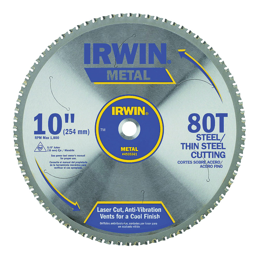 IRWIN 4935561 Blade, 10 in Dia, 5/8 in Arbor, 80-Teeth, Carbide Cutting Edge