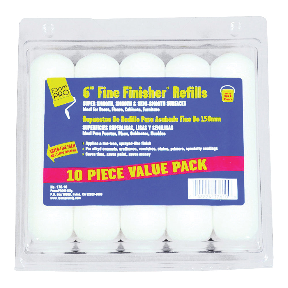 FOAMPRO 176-10 Roller Refill, 3/8 in Thick Nap, 6 in L, Foam Cover