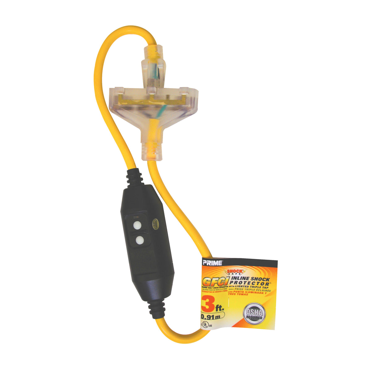 Prime GF320803 Triple Tap Adapter, 3 ft Cable, 15 A, 125 V, Yellow