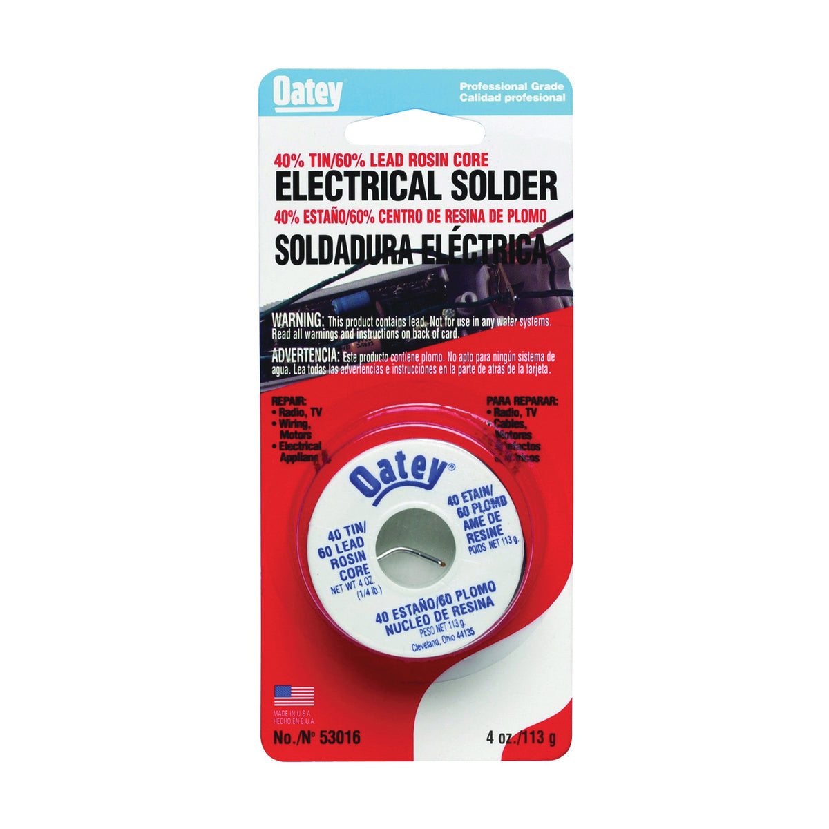 Oatey 53016 Rosin Core Solder, 1/4 lb Carded, Solid, Silver, 361 to 460 deg F Melting Point