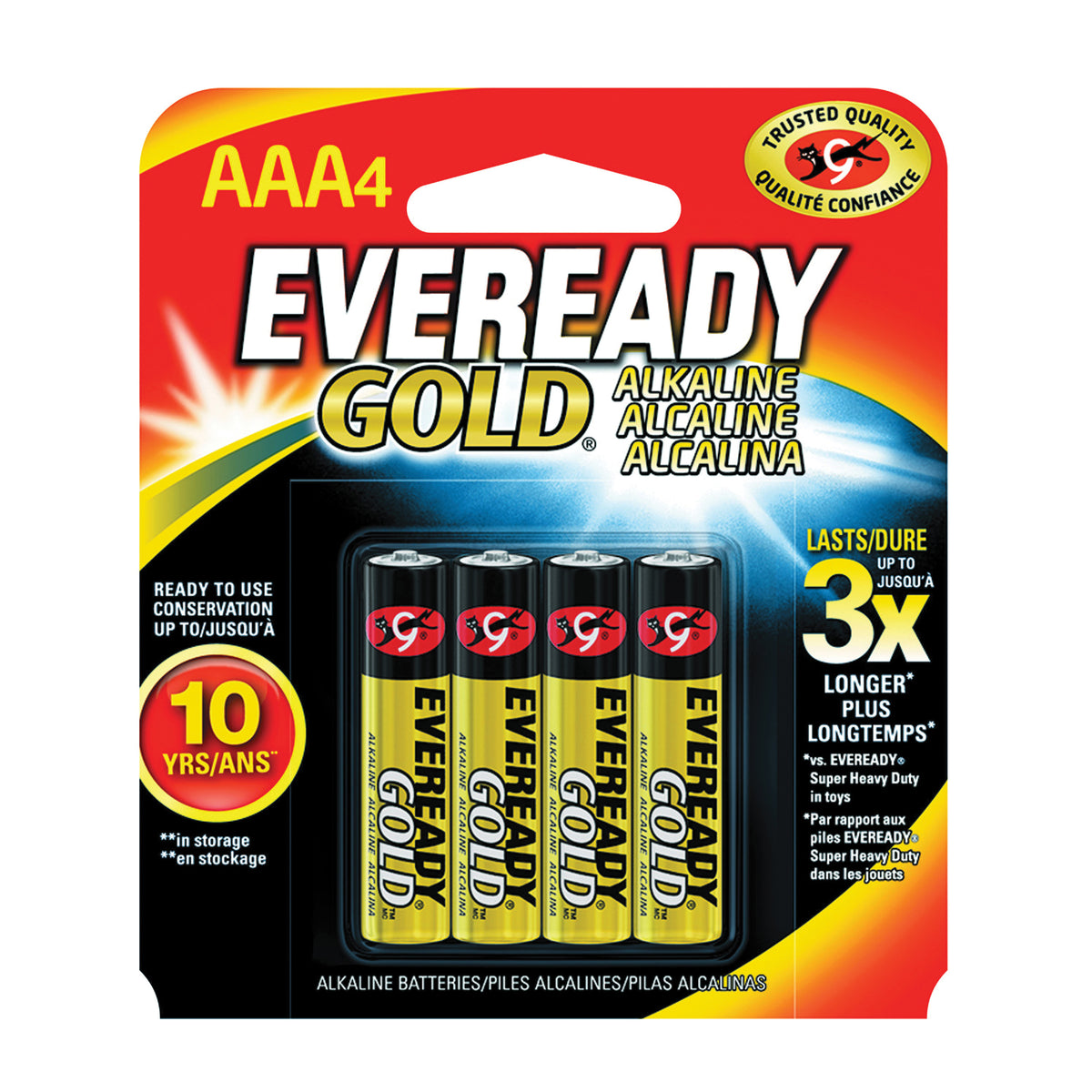 Energizer A92BP-4 Battery, 1.5 V Battery, 1250 mAh, AAA Battery, Alkaline, Manganese Dioxide, Zinc