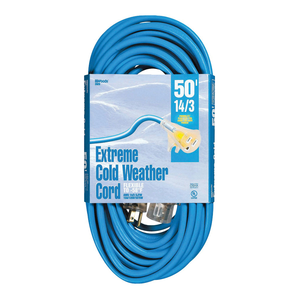 Woods 2628 Extension Cord, 14 AWG Cable, 50 ft L, 15 A, 125 V, Bright Blue Jacket