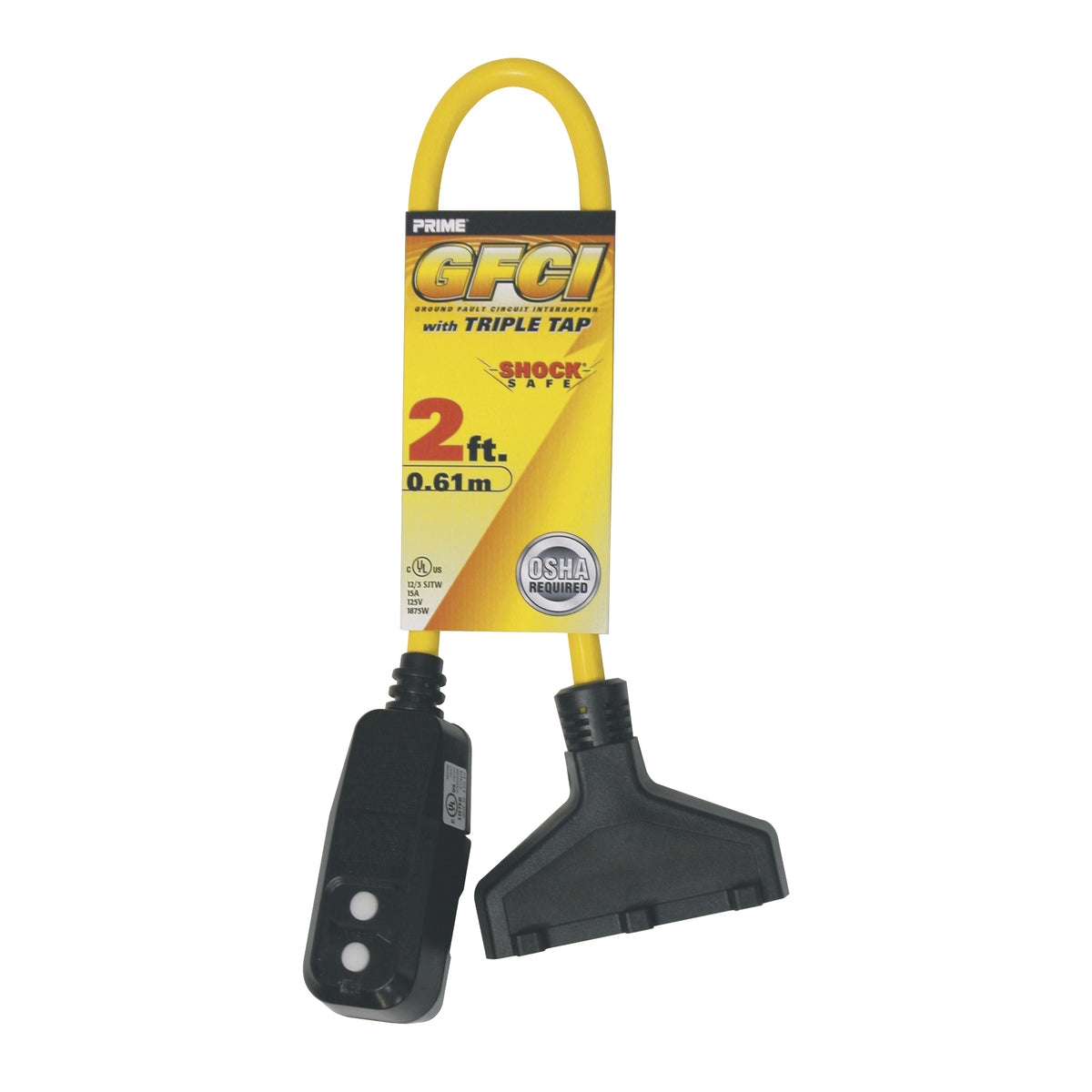 Prime GF420802 Triple Tap Adapter, 2 ft Cable, Female, Male, 15 A, 125 V, Yellow