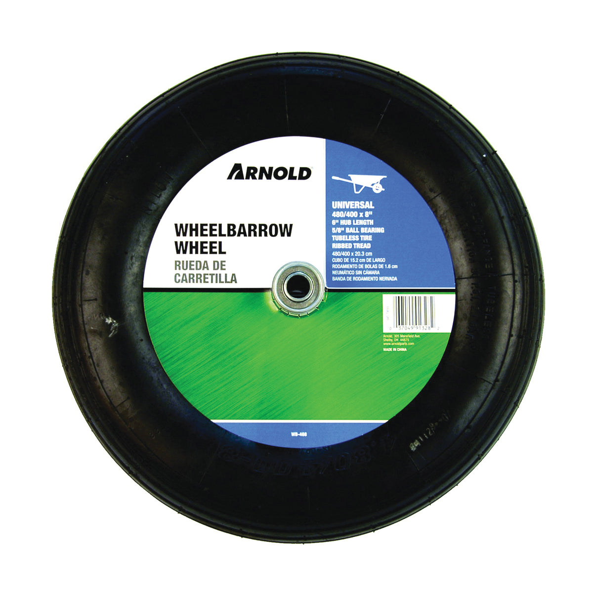 ARNOLD WB-468 Wheelbarrow Wheel, 4.8/4 x 8 in Tire, 15-1/2 in Dia Tire, Ribbed Tread, 6 in L Hub