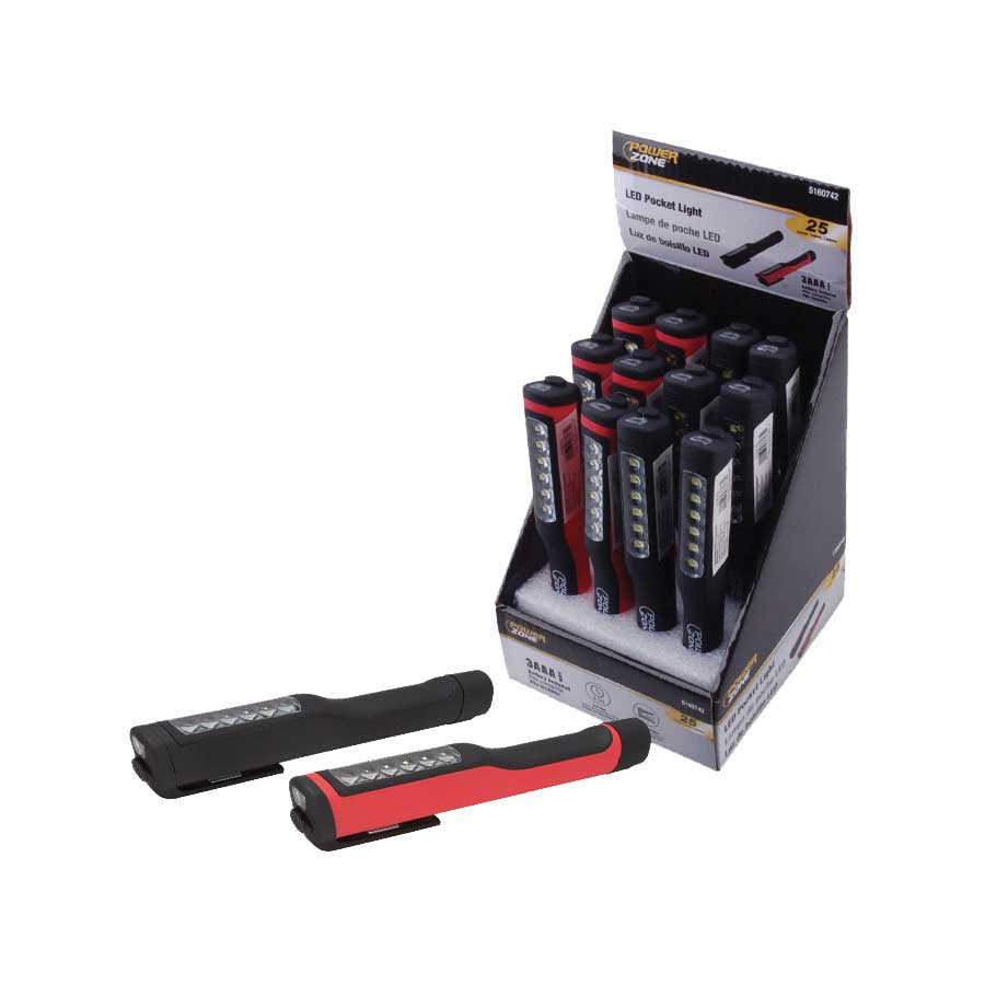PowerZone 12500 Pocket Light, AAA Battery, LED Lamp, 25 Lumens, 8 m Beam Distance, 3.5 hr Run Time, Red &amp; Black