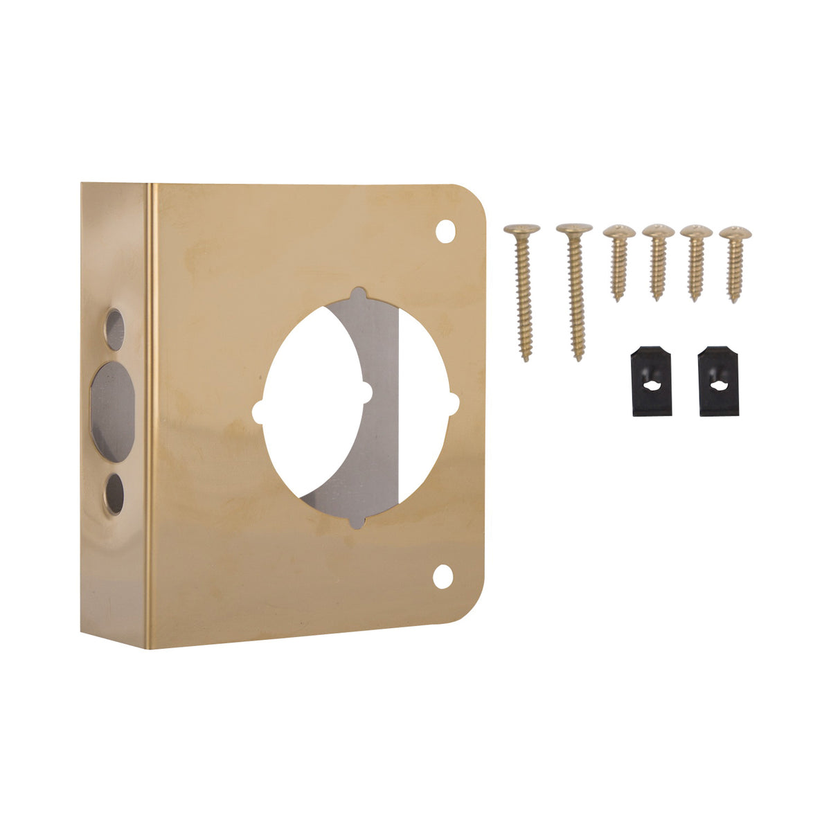 ProSource HSH-042SBP-PS Door Reinforcer, 2-3/8 in Backset, 1-3/8 in Thick Door, Steel, Brass, 4-1/2 in H, 4 in W
