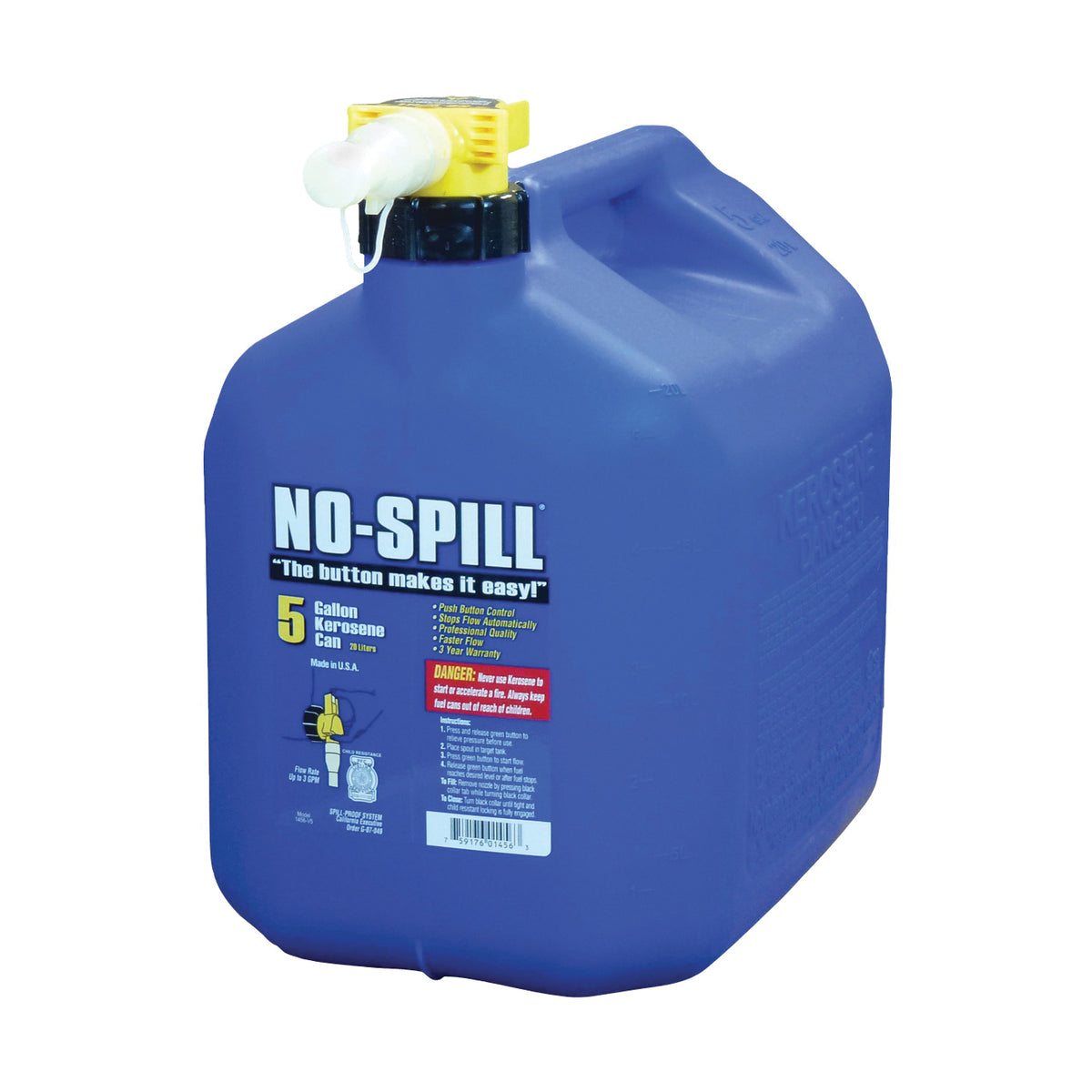 No-Spill 1456 Fuel Can, 5 gal, Plastic, Blue