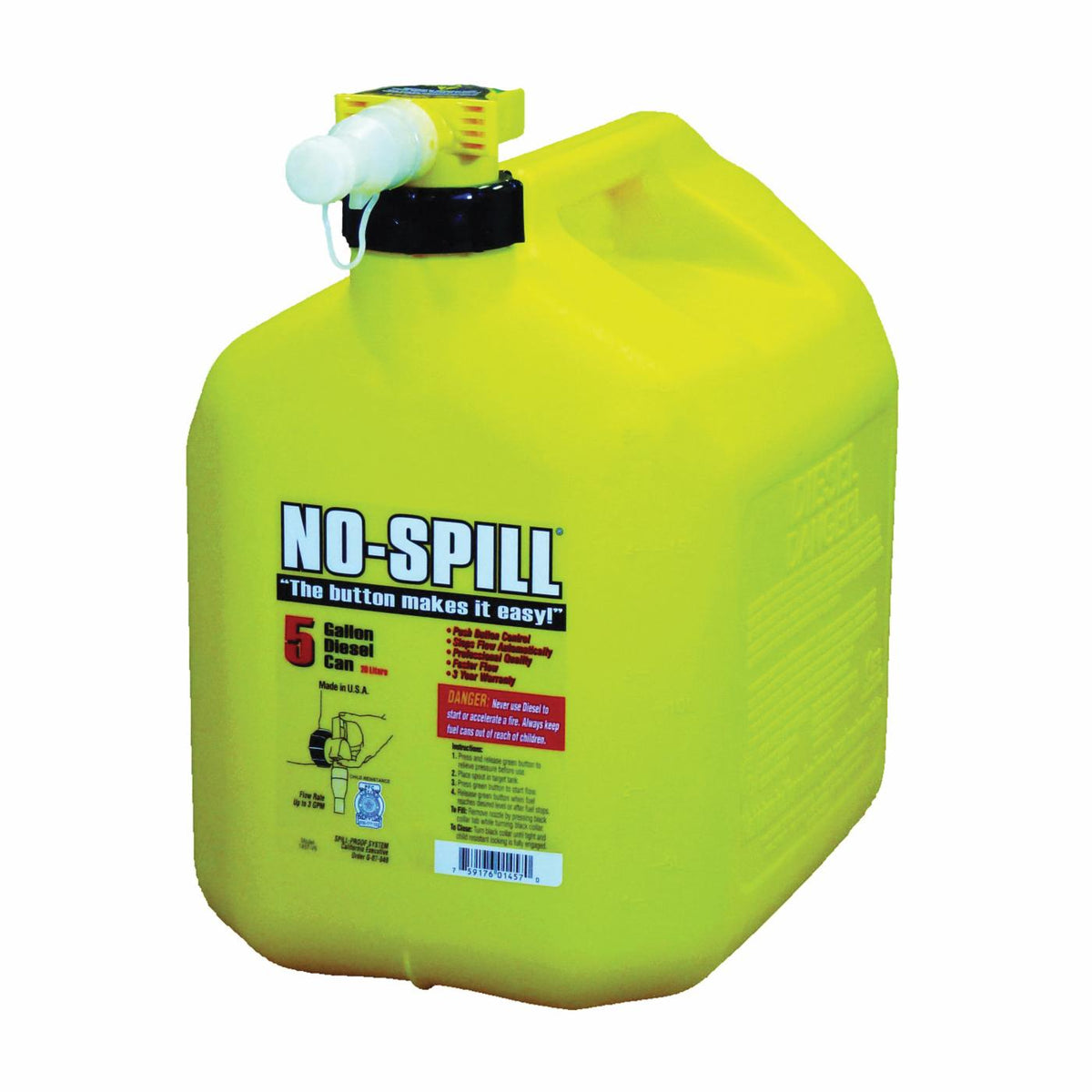 No-Spill 1457 Diesel Gas Can, 5 gal, Plastic, Yellow