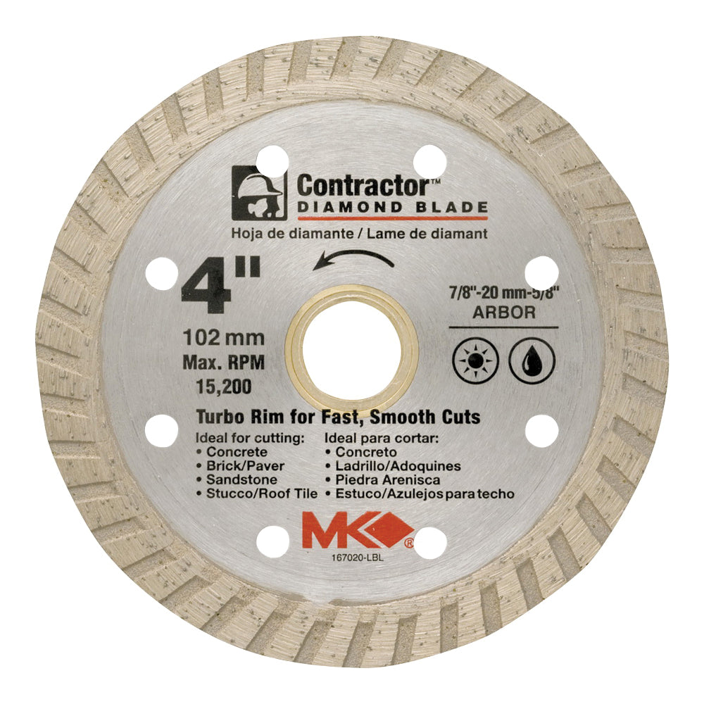 MK 167020 Saw Blade, 4 in Dia, 7/8 to 5/8 in Arbor, Diamond Cutting Edge, Turbo Rim