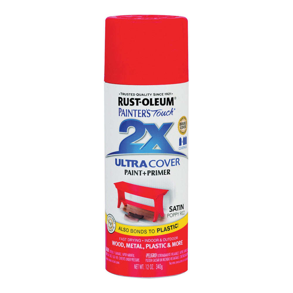 RUST-OLEUM PAINTER'S Touch 277994 Satin Spray Paint, Satin, Poppy Red, 12 oz, Aerosol Can