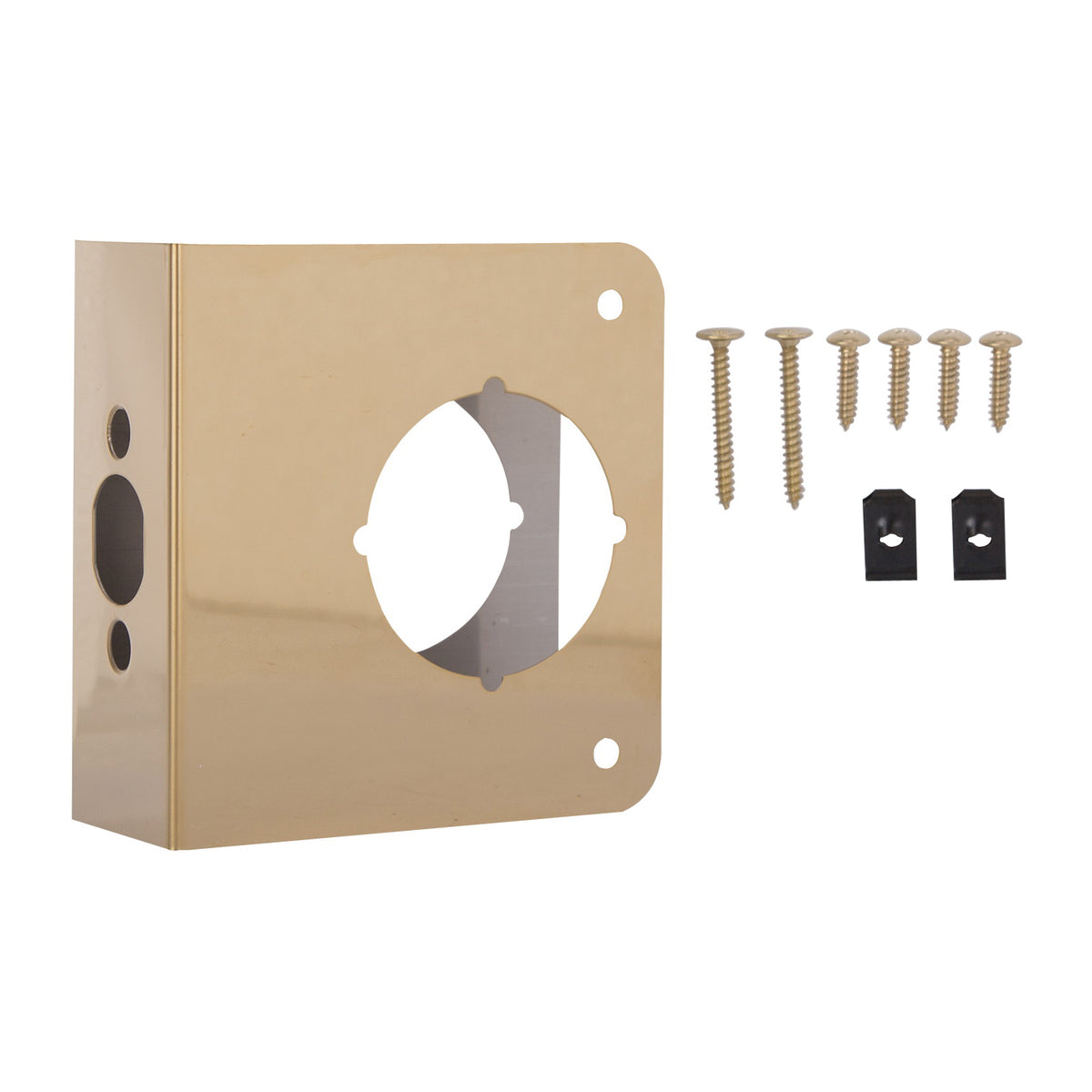 ProSource HSH-046SBP-PS Door Reinforcer, 2-3/4 in Backset, 1-3/4 in Thick Door, Steel, Brass, 4-1/2 in H, 4-1/4 in W