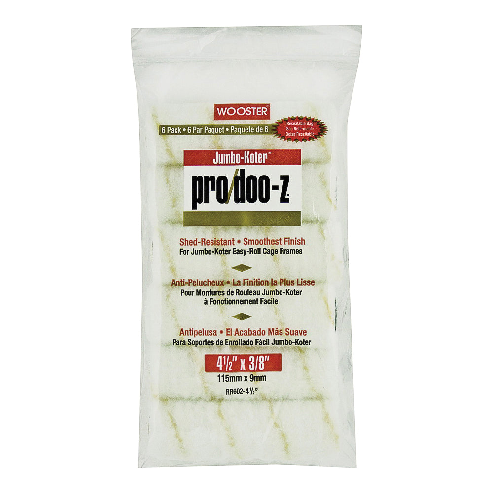 WOOSTER RR602-4 1/2 Paint Roller Cover, 3/8 in Thick Nap, 4-1/2 in L, Woven Fabric Cover, White