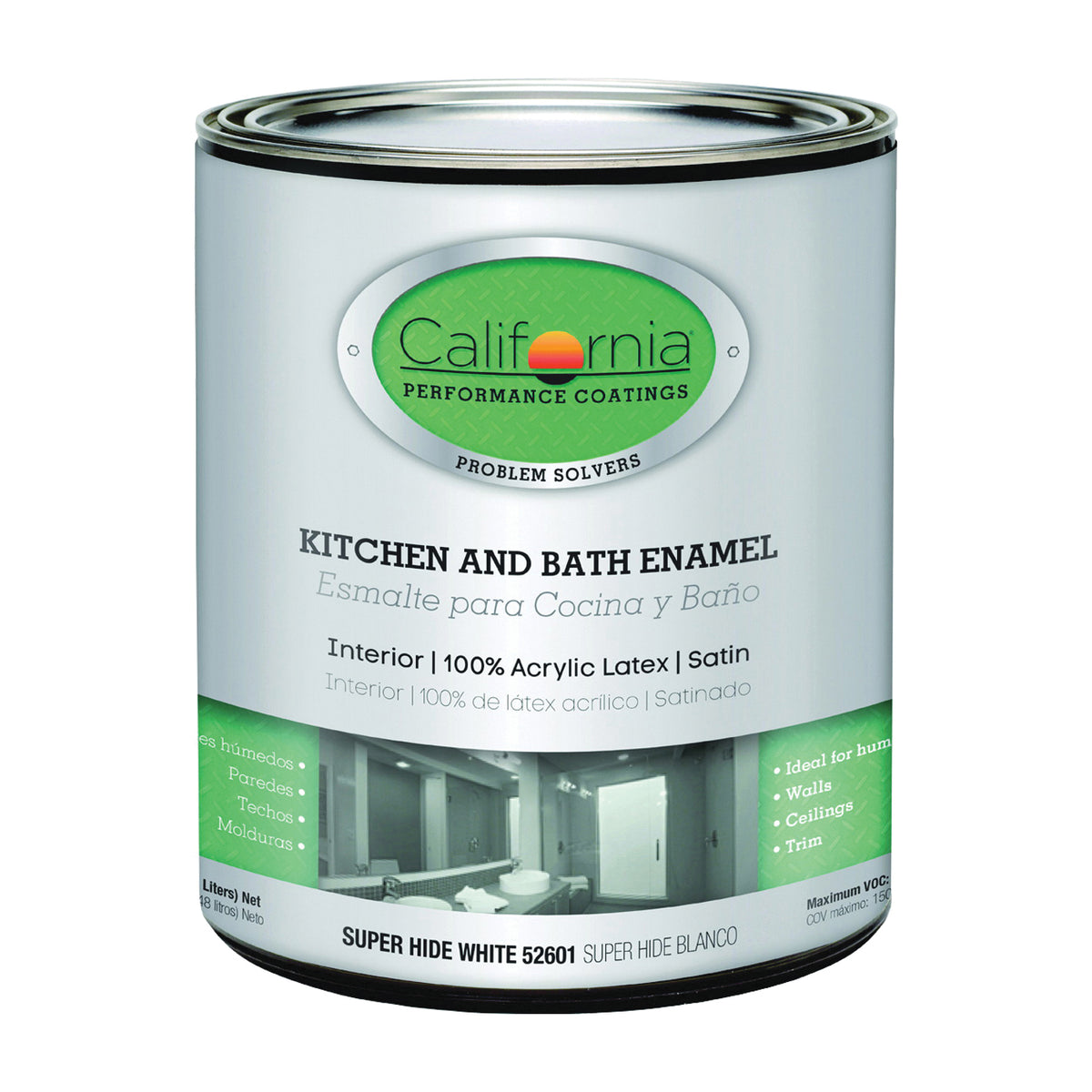 California Paints 52601-4 Kitchen and Bath Paint, Satin, White, 1 qt Can