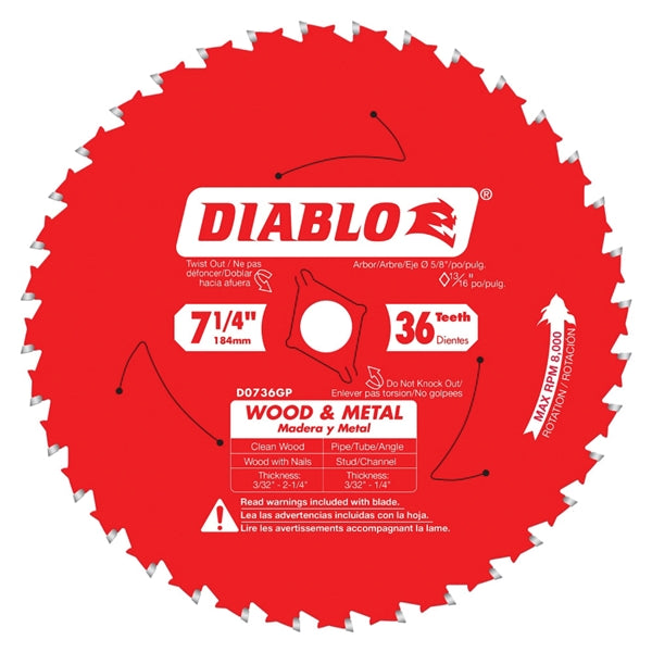 Diablo D0736GPX Circular Saw Blade, 7-1/4 in Dia, 5/8 in Arbor, 36-Teeth, Carbide Cutting Edge