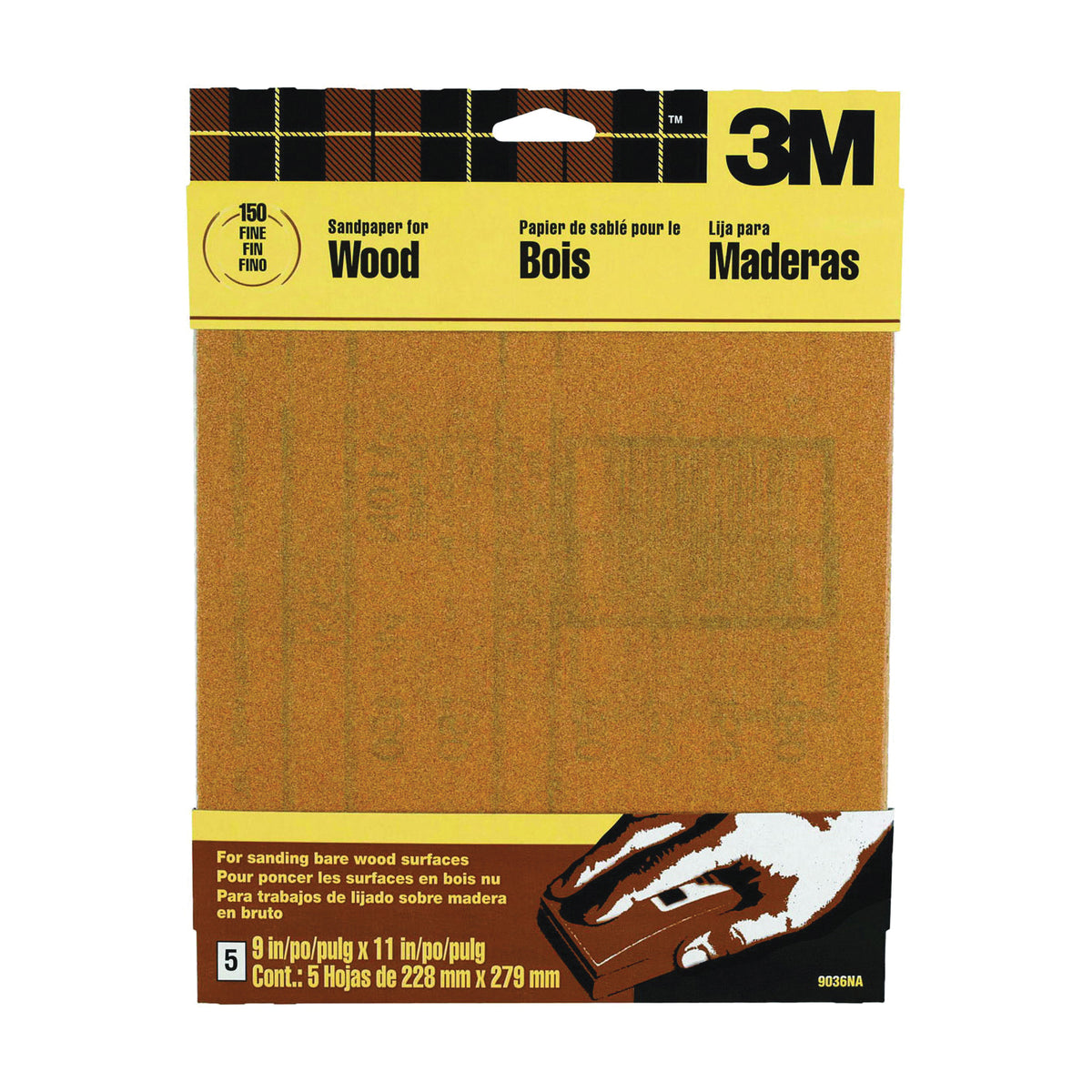 3M 9036 Sandpaper Sheet, 11 in L, 9 in W, Fine, 150 Grit, Garnet Abrasive